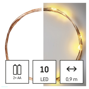 LED karácsonyi nano fényfüzér, réz, 0,9 m, 2x AA, beltéri, meleg fehér, időzítő