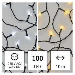 LED karácsonyi fényfüzér 2 az 1-ben, 10 m, kültéri és beltéri, meleg/hideg fehér, progr.