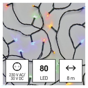 LED karácsonyi fényfüzér, 8 m, kültéri és beltéri, többszínű, időzítő