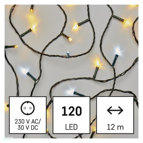 LED karácsonyi fényfüzér, villogó, 12 m, kültéri és beltéri, meleg/hideg fehér, időzítő