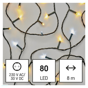 LED karácsonyi fényfüzér, 8 m, kültéri és beltéri, meleg/hideg fehér, időzítő