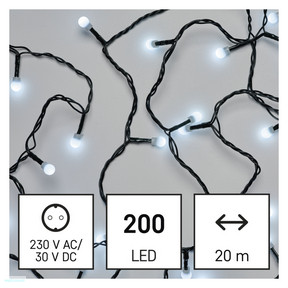 LED karácsonyi fényfüzér, cseresznye – golyók, 20 m, kültéri s beltéri, hideg fehér, progr