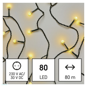 LED karácsonyi fényfüzér, cseresznye – golyók, 8 m, kültéri és beltéri, meleg fehér, időz.